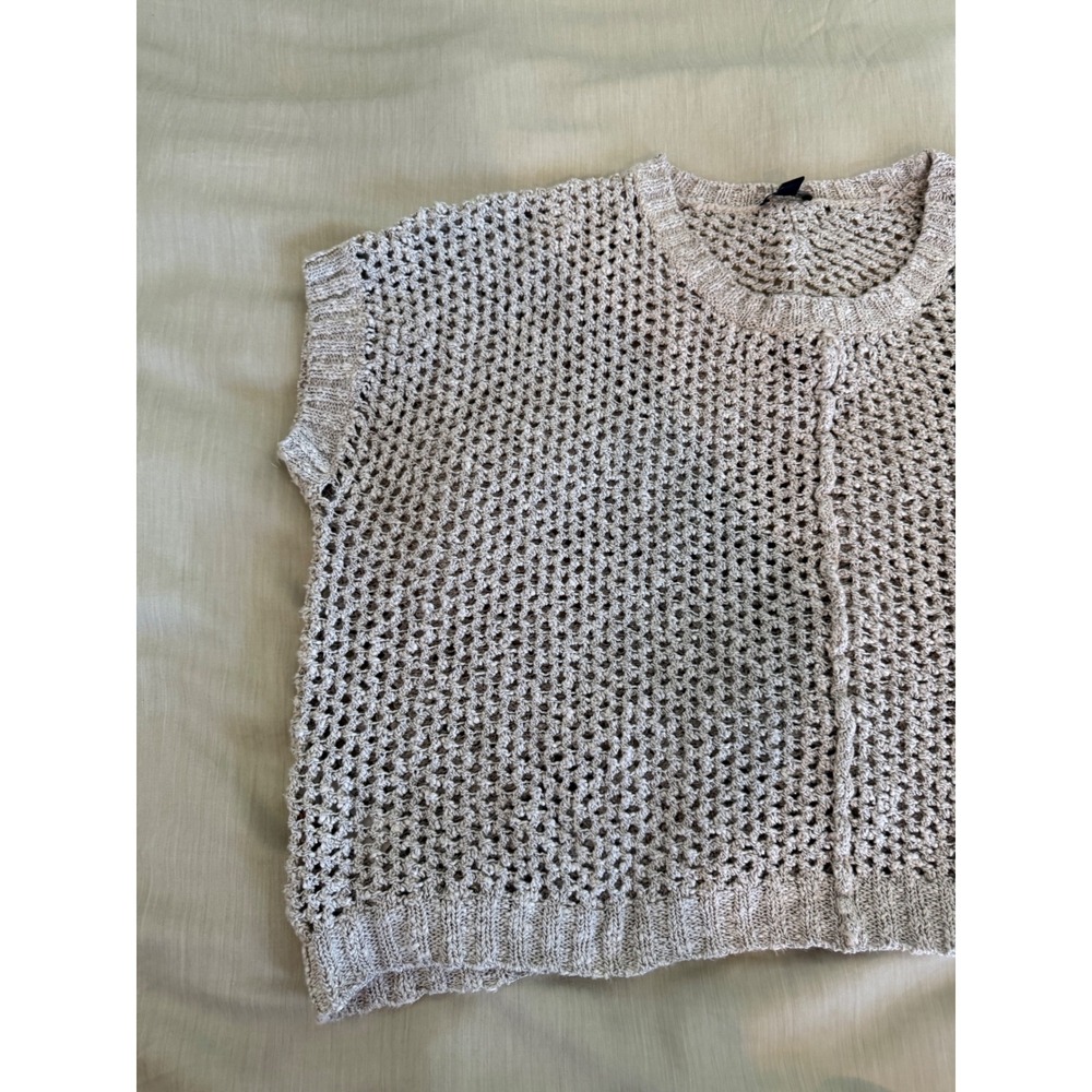 Ann Taylor Open Knit Short Sleeve Sweater‎ Top Oversized Boxy Beige L - Picture 3 of 6